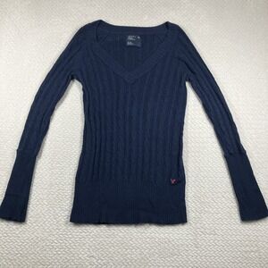 Y2K American Eagle Blue Cable Knit Sweater Size XL Early 2000's Academia Preppy